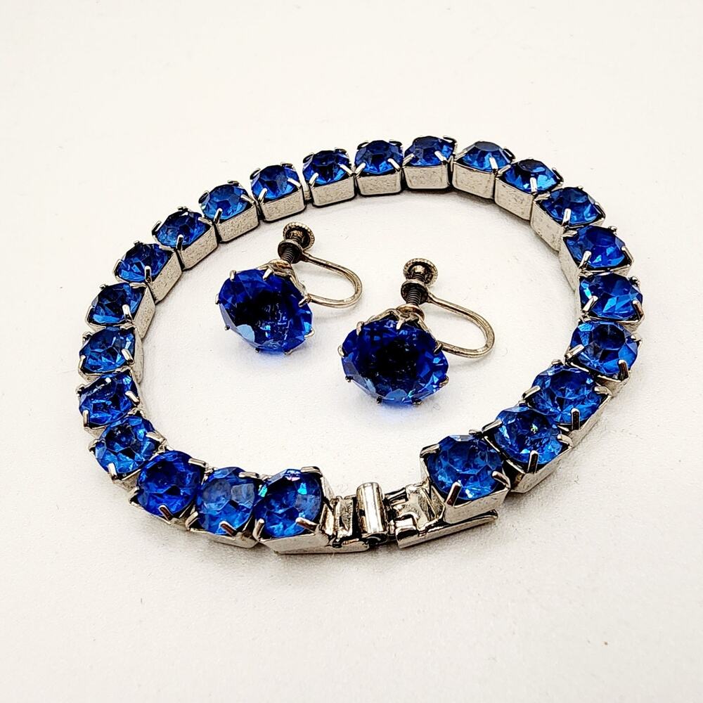Vintage Blue Paste Rhinestone Bracelet and Earring Set with Sterling Screw Backs